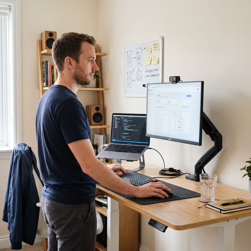 A builder at a standing desk, working between a laptop and a large monitor