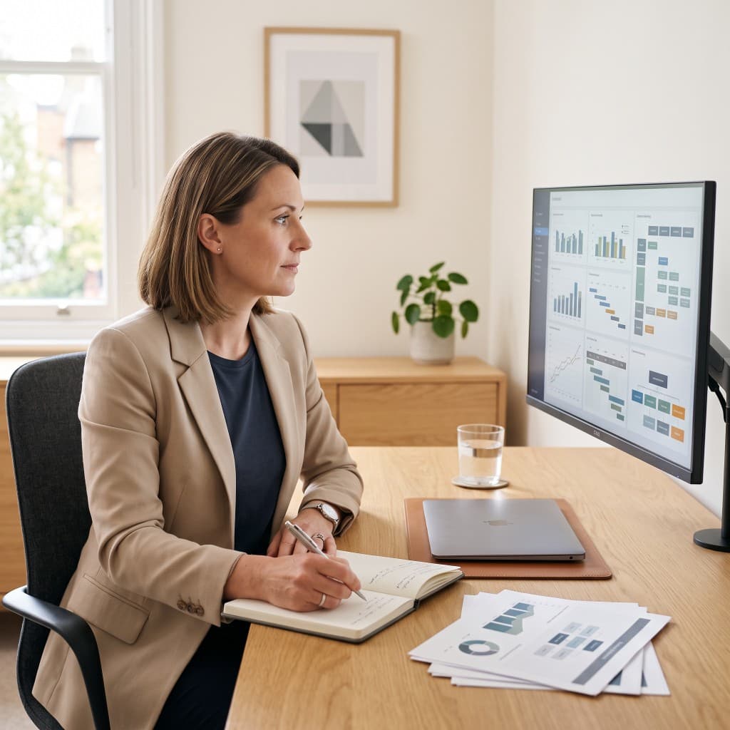 A coach at her desk, taking notes in front of a monitor and a closed laptop