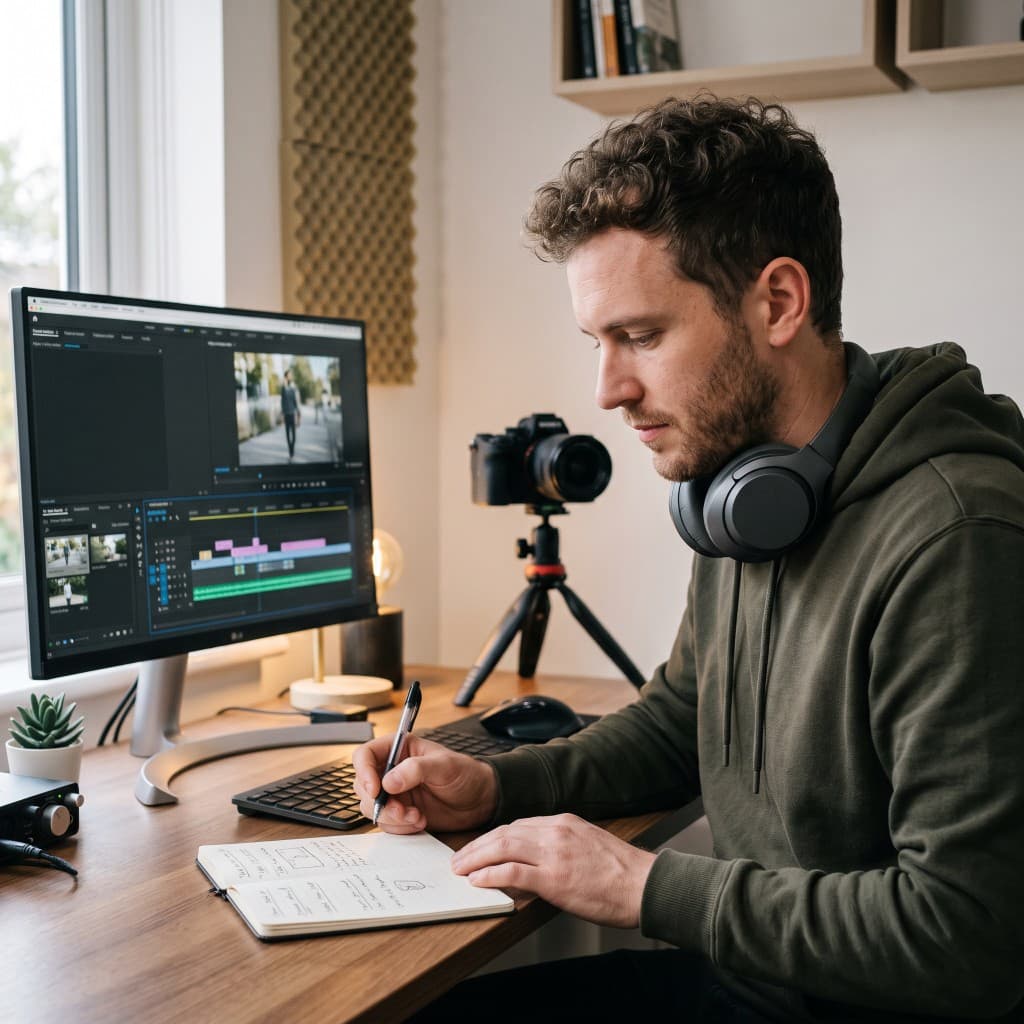 A creator at his desk with headphones, writing notes beside a video timeline
