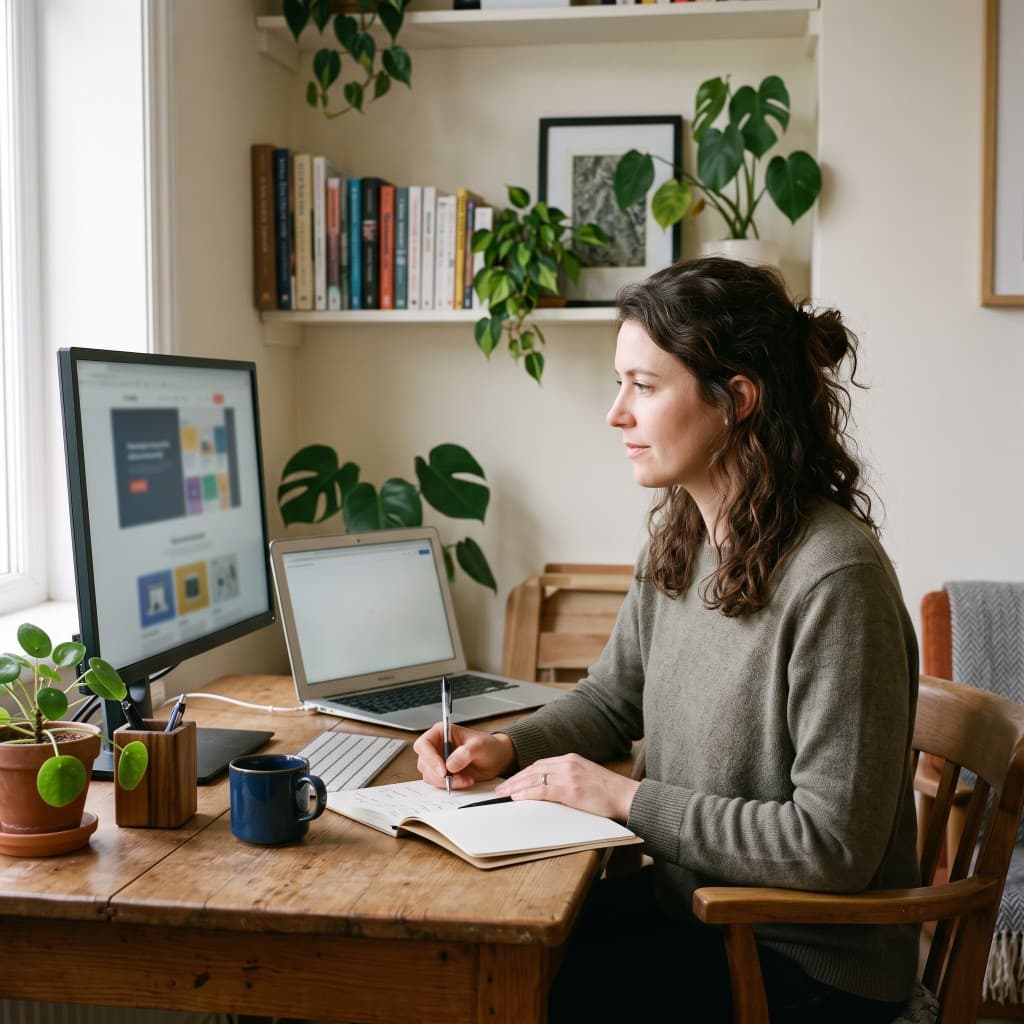A freelancer at her desk, writing in a notebook between a laptop and a monitor